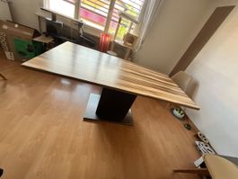 Dining Table Wood Design Metal Base Good Condition