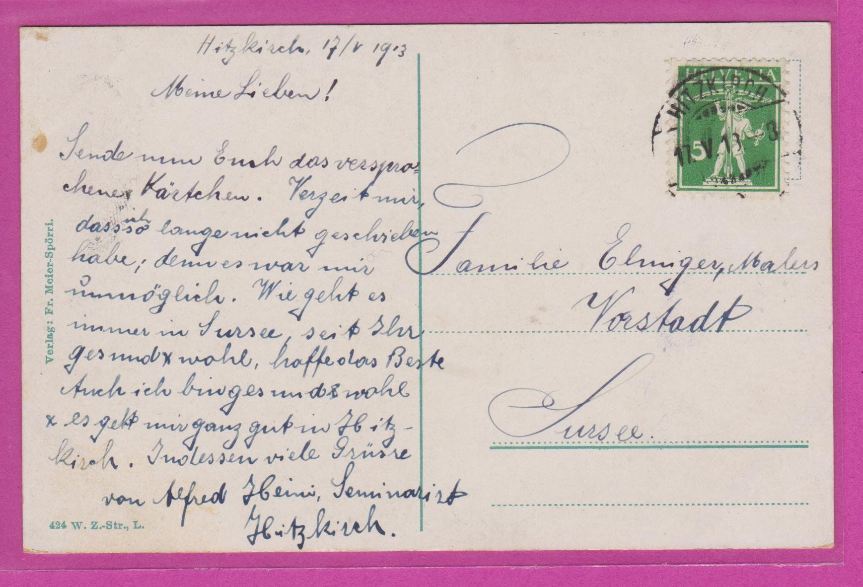 Cartoline postali: Hitzkirch LU   -   alte Ansichtskarte gestempelt 1913 – Usato da Vitznau venduto da Ropaku 1