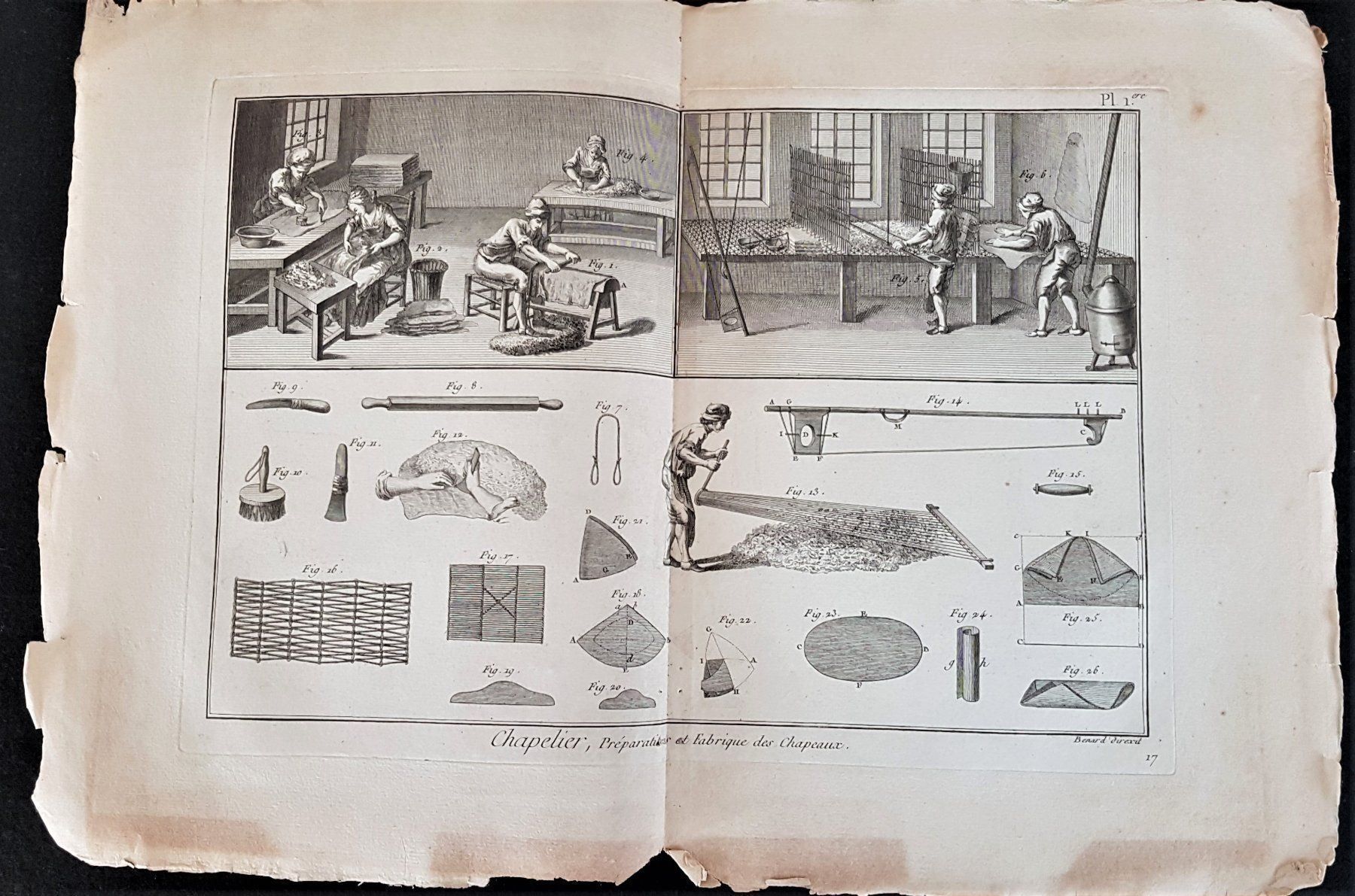 Stiche: 3 Originale Encyclopédie 1786, Hutmacher – Gebraucht aus Bourguillon von Lucas111