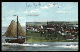 AK Kreuzlingen, Panorama mit Kirche und Schiff auf dem See
