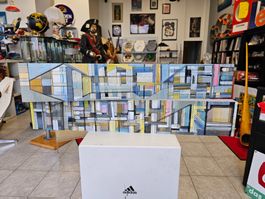 2 Signierte Gemälde Architektur, Abstrakt Kunst auf Holz