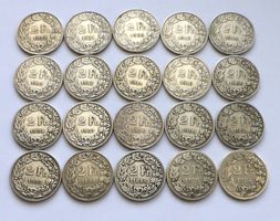 20x diverse Silber 2 Fr. CH, ab 1875 - 1922 (keine doppelt!)