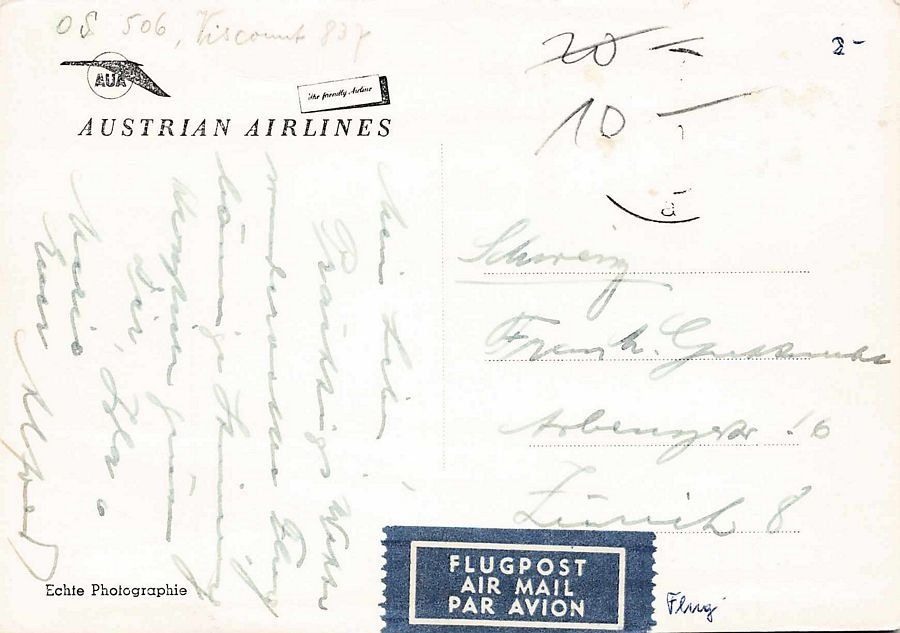 Cartoline postali: Austrian Airlines, Viscount (Vickers) – Usato da Frauenfeld venduto da POML 1