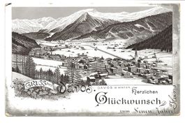 Gruss aus Davos im Winter (GR) Neujahr - uralte Litho 1898 !
