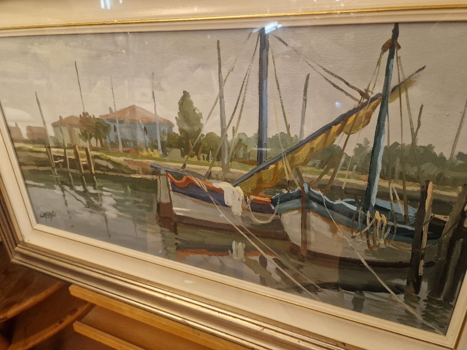 Dipinti: Ölgemälde auf Leinwand Boote im Hafen, signiert – Usato da BERN venduto da Intarsia 3