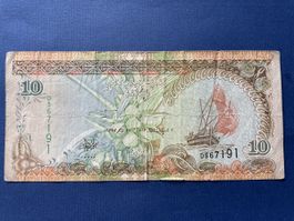 10 Rufiyaa Malediven Banknote 1998 gebrauchter Zustand