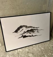 Schwarze Tuschmalerei im Rahmen, Berglandschaft, neu!