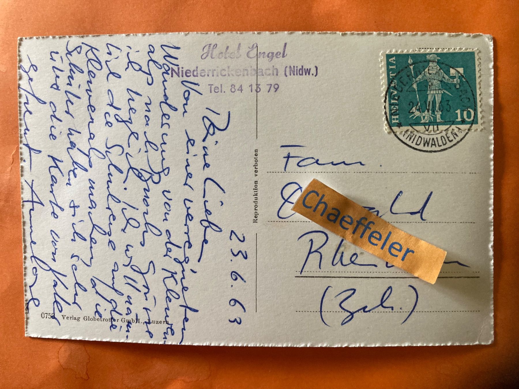 Cartoline postali: 1963 Niederrickenbach - Giebel – Usato da Zürich venduto da Chaeffeler 1