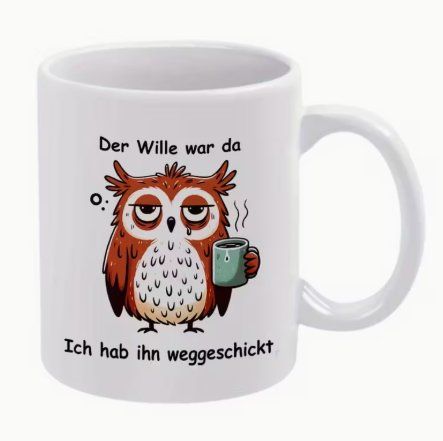 Tazze: Kaffeetasse mit Eule - "Der Wille war da..." – Nuovo e nell'imballaggio originale da Reinach BL venduto da Deinfashion
