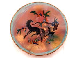 Assiette cuivre émaillé vintage 1950 cheval Teller Pferde