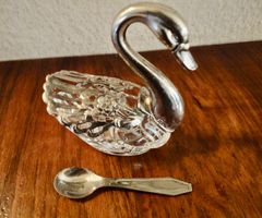 Kristall Saliere Schwan mit Löffel Silber gebraucht