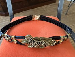 Schwarzer Taillen-Guertel mit Tiger-Motiv, Gold, Vintage
