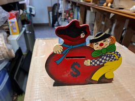 Vintage Spardose Clown, Holz, Handbemalt, Sammlerstück!
