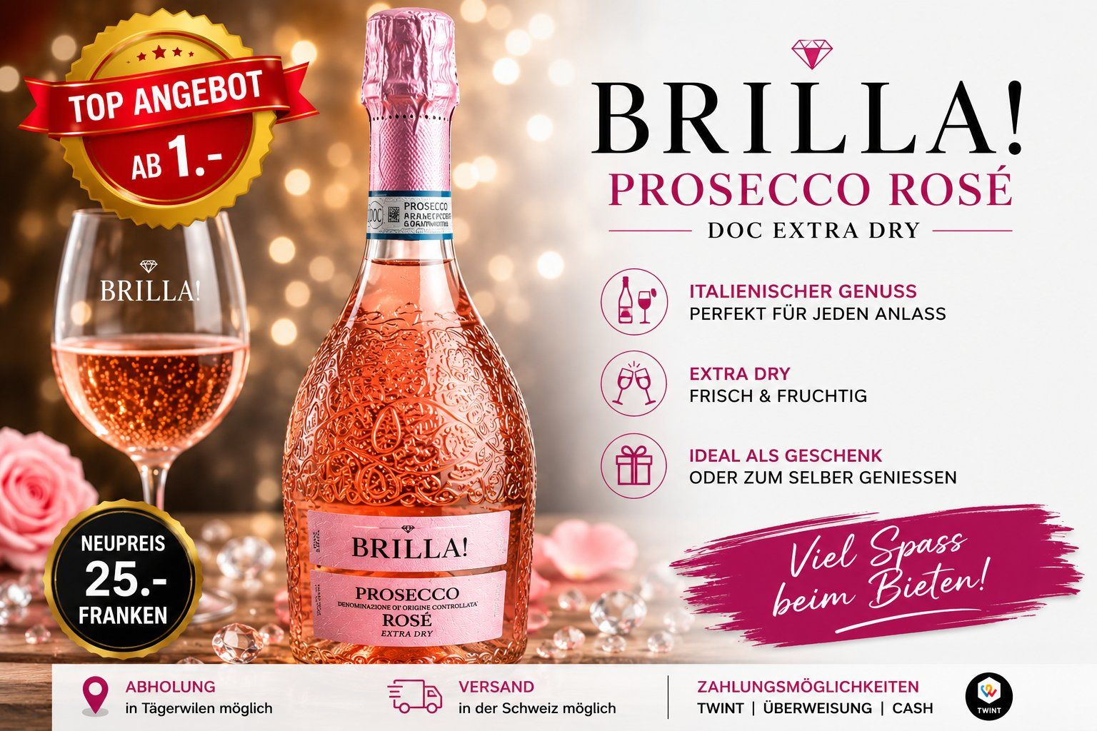 Bevande alcoliche: Brilla! Prosecco Rosé DOC Extra Dry 0.75 l – Nuovo (secondo la descrizione) da Tägerwilen venduto da Swiss-Ricardo
