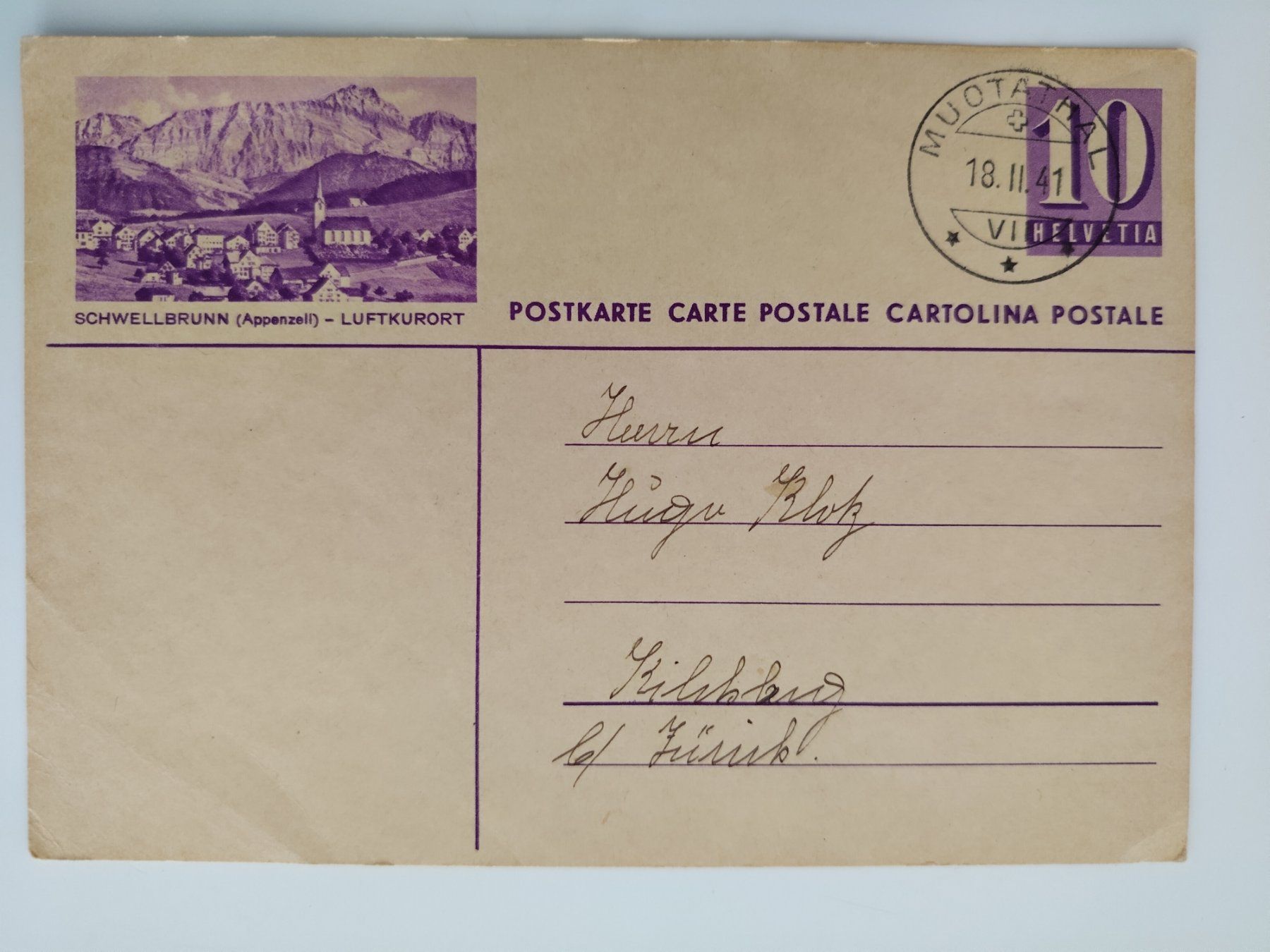 Ansichtskarten: Alte Ansichtskarte Appenzell, Schwellbrunn 1941 – Gebraucht aus Ohmstal von Lebensfreude05