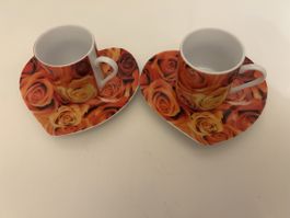 2er Set Espressotassen  mit Herz-Untertassen 
