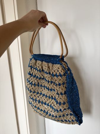 Crochet vintage Handbag Blue and Beige with Round Handles