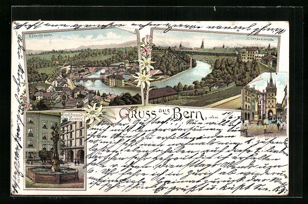 Cartes postales: Litho Bern, Eisenbahnbrücke, Marktgasse – D'occasion à Berlin par bartko-reher