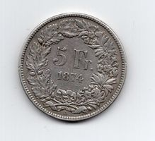 (816) Schweiz, 5 Franken 1874, Bern, B ohne Punkt