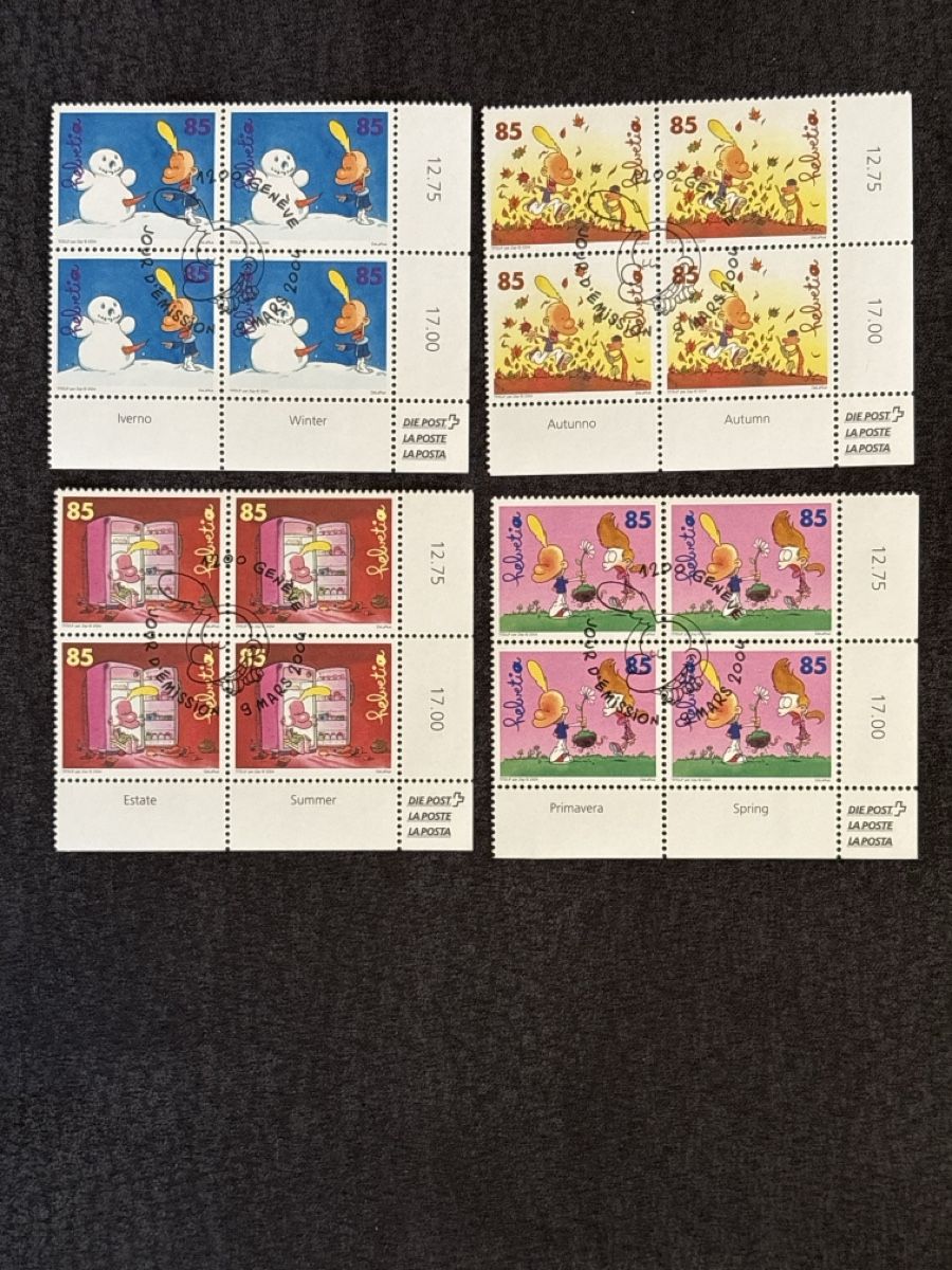 Tutti i francobolli: Feuillet de 4 timbres "Les Saisons" La Poste Suisse – Usato da Carouge GE venduto da irma016