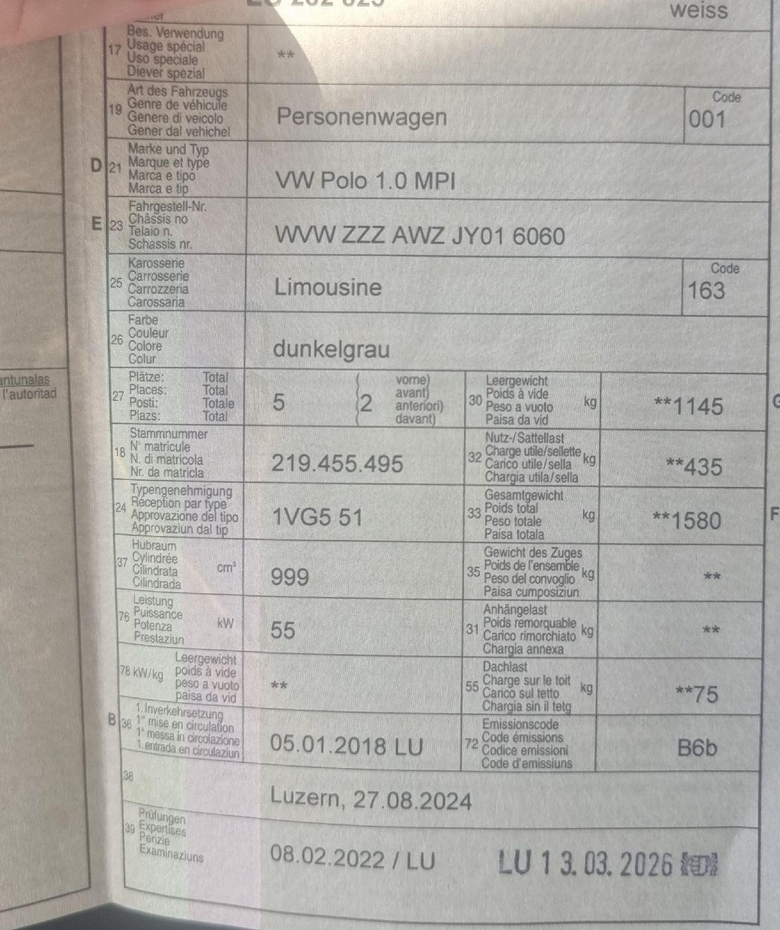 VW Autos: Vw Polo 1.0 l Benzin MFK 2026 – D'occasion à Luzern par Dejan_mc 2