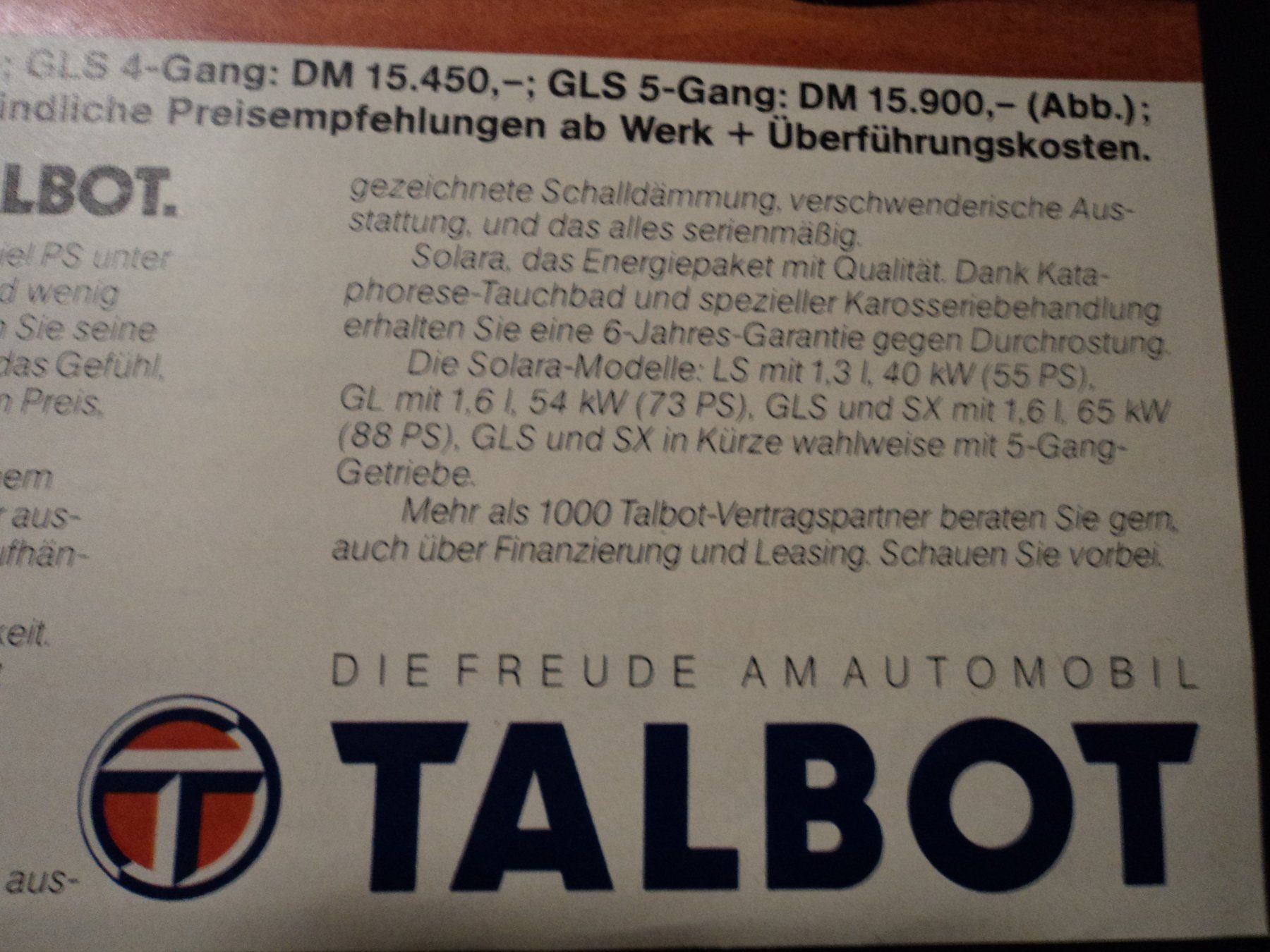 Talbot Documenti: Prospekt Werbung Talbot Solara 1977 – Usato da Schwarzenburg venduto da modelCARama 2