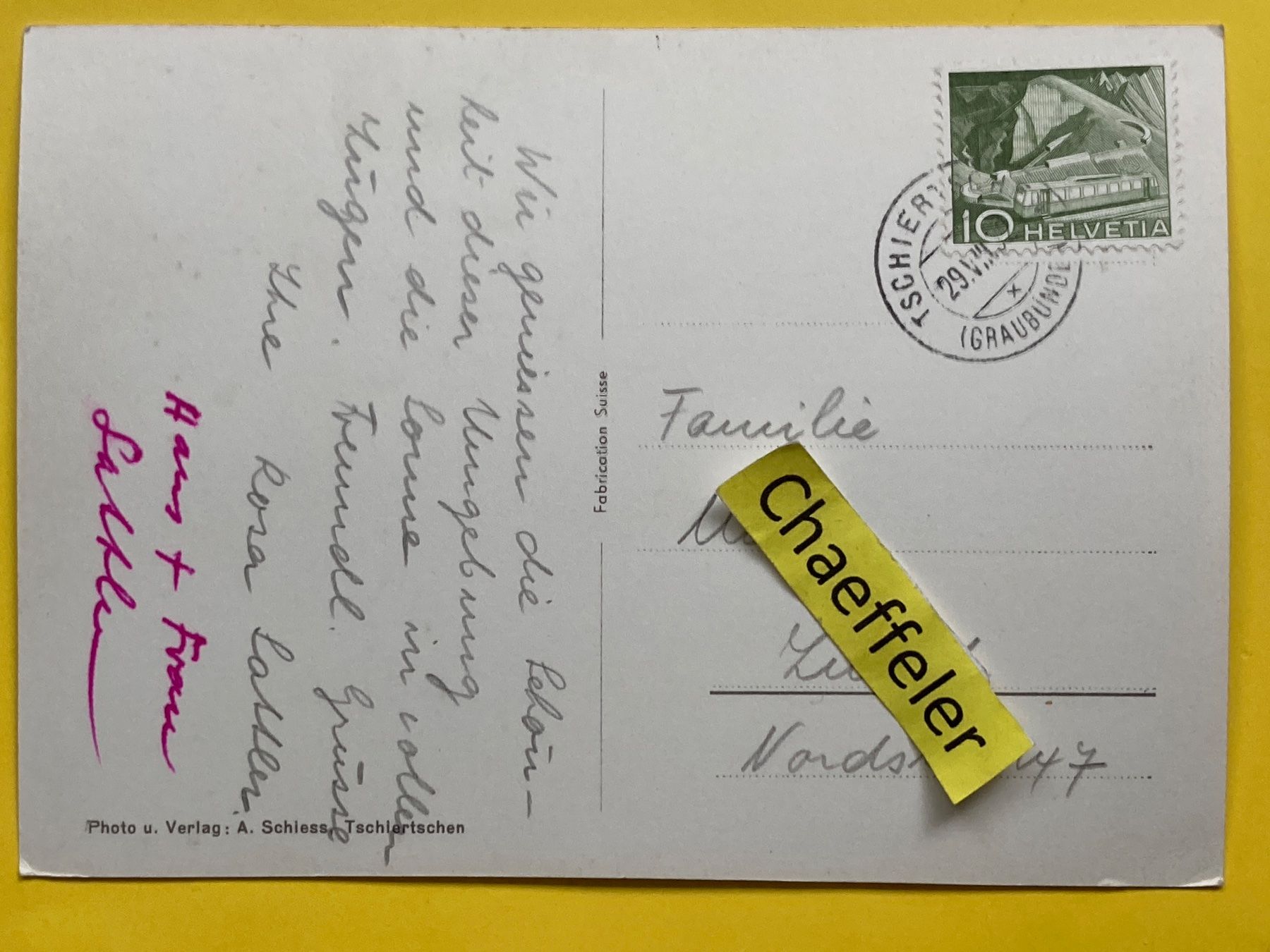 Cartoline postali: 1952 Tschirtschen, Sommer und Winterkurort – Usato da Zürich venduto da Chaeffeler 1