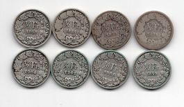 (433) Schweiz, 8 x ½ Franken, 1875/79/81/98/99/1900/01/04