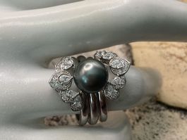 Silberring mit Tahitiperle und Zirkonia, verstellbar 3 Teile