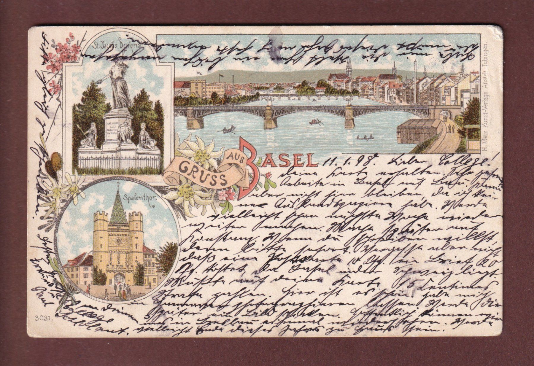 Cartoline postali: Gruss aus BASEL - 1898 Litho Metz – Usato da Pully venduto da nicecards