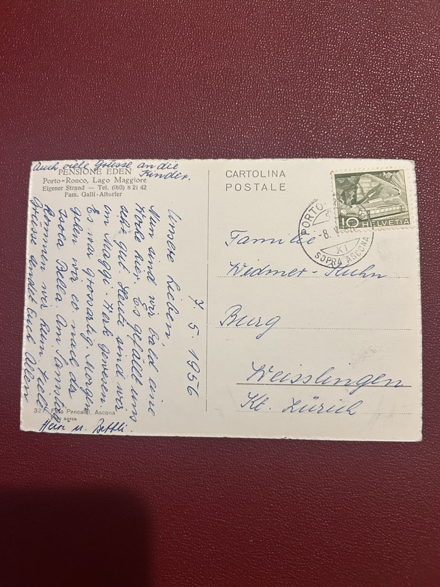 Ansichtskarten: Pensione Eden, Porto Ronco 1956 – Gebraucht aus Breganzona von Milesbo 1
