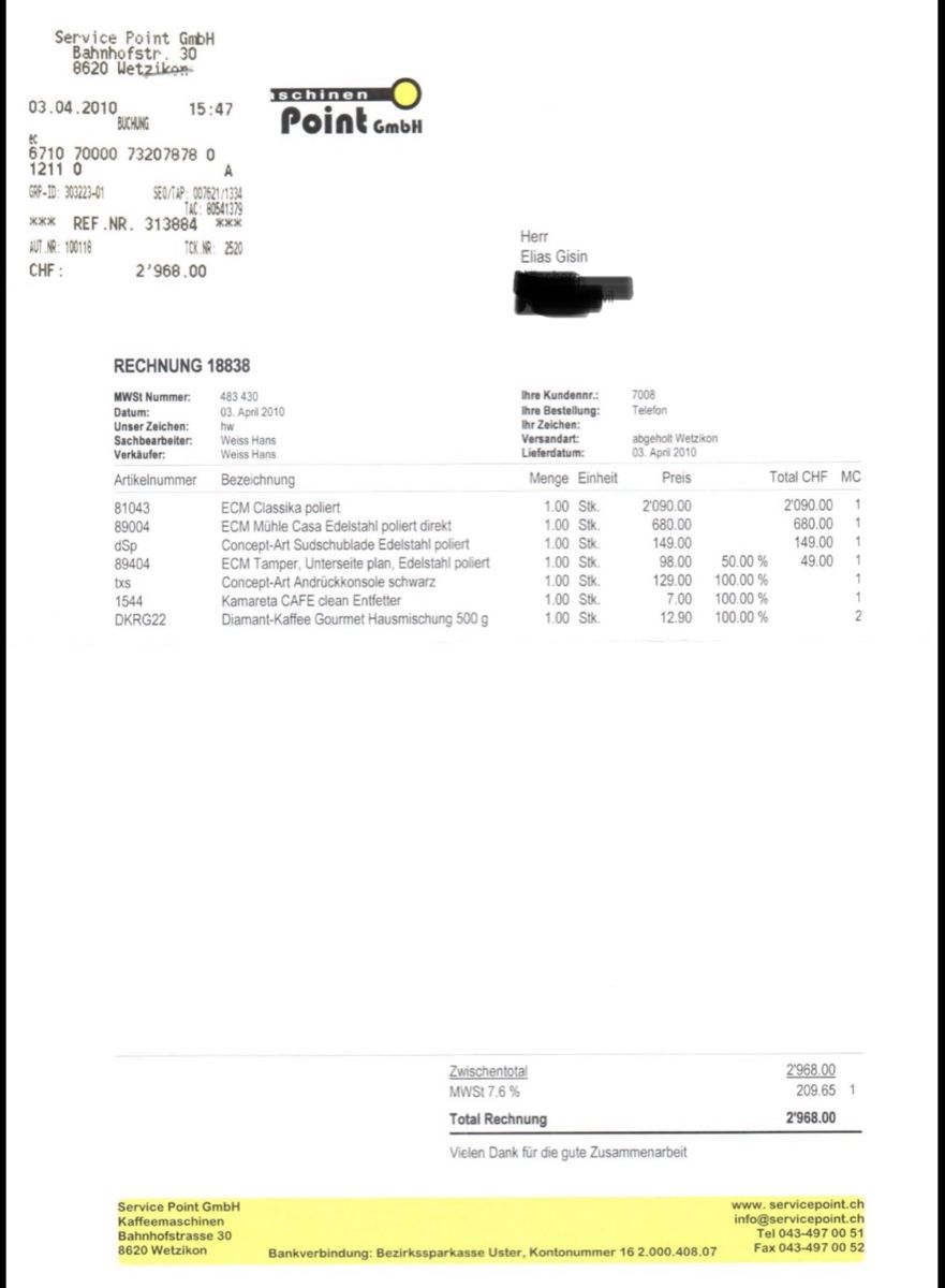 ECM Manufacture Kaffeemaschinen & Espressomaschinen: Kaffeemaschine ECM Classika + ECM Kaffeemühle + Accessoires – Gebraucht aus Baeretswil von KaffeeECM 3