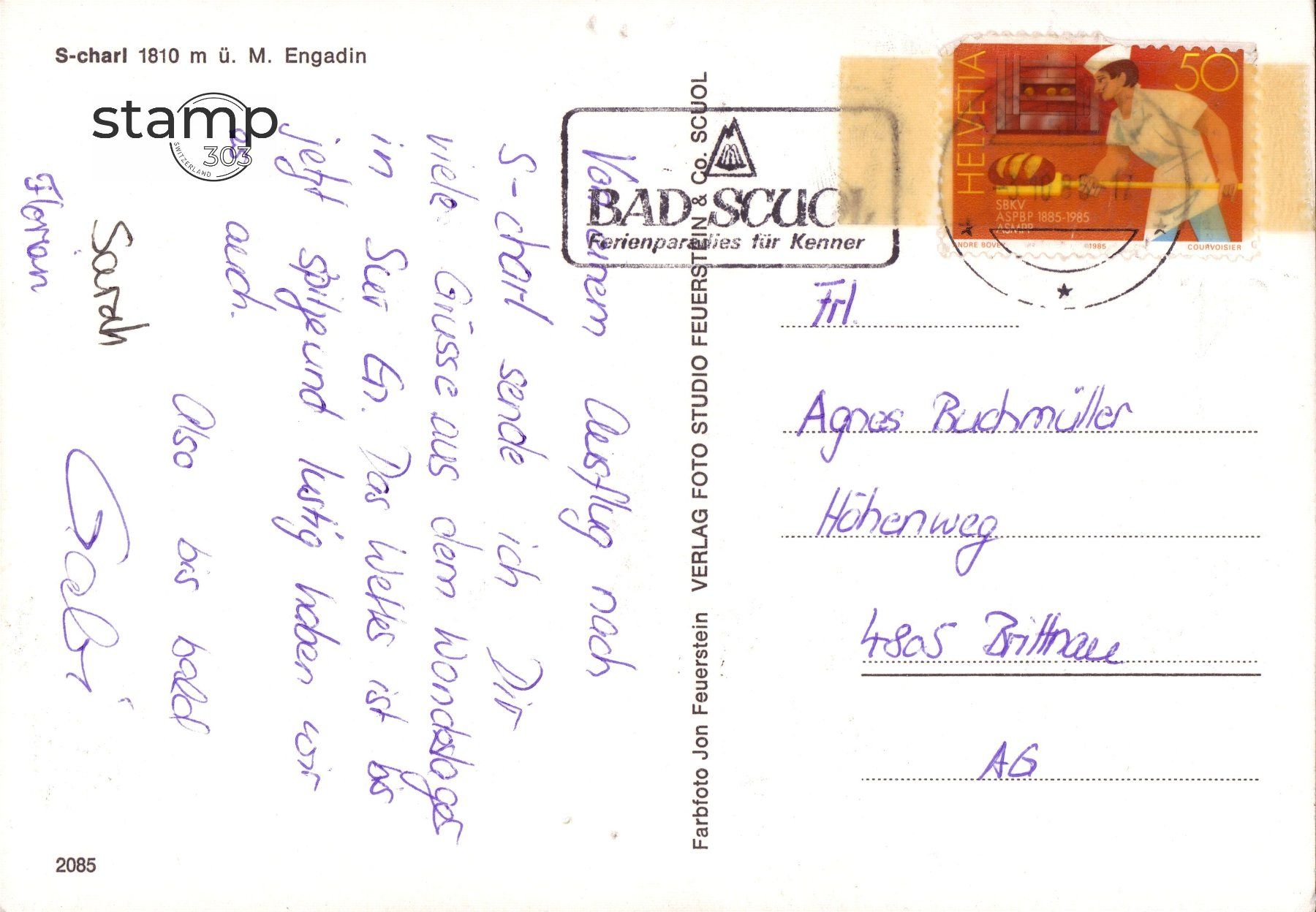 Cartoline postali: 1985 AK S-charl _ Engadin – Usato da Eggersriet venduto da stamp303 1