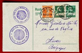 GANZSACHE PK AUSLANDFRANKATUR BÜHLER APPENZELL BELGIEN 1923