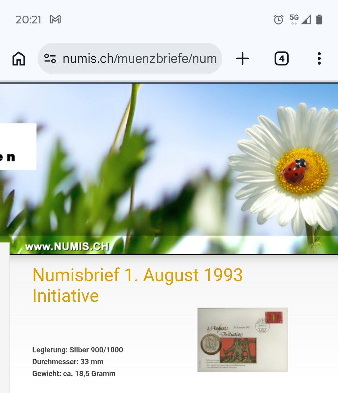 Medaglie: Numisbrief Silber, 1. August Initiative 1993, Silber 900 – Nuovo e nell'imballaggio originale da Wattwil venduto da santamaria 4