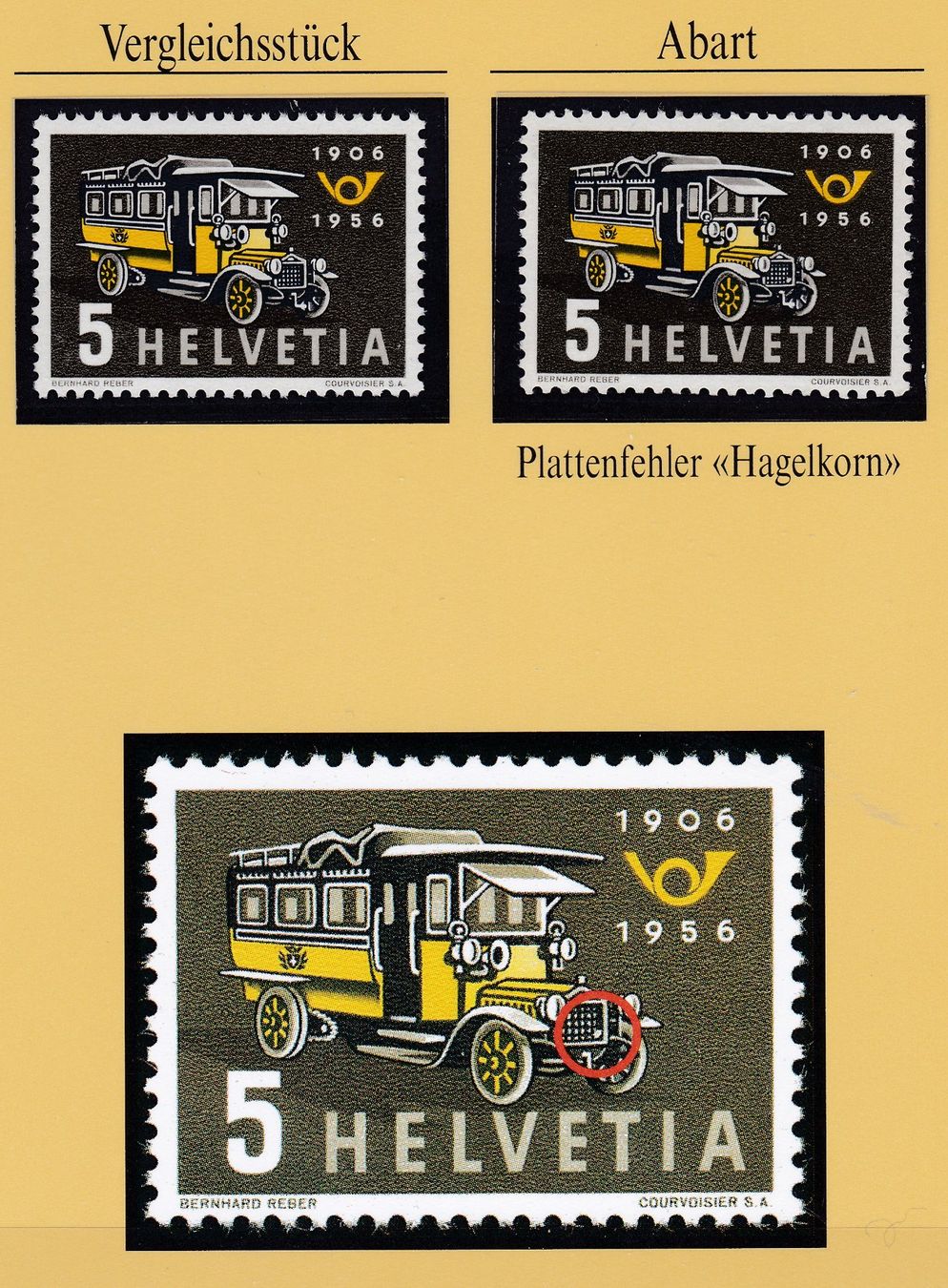 Tutti i francobolli: 1956, ABART, ERSTES POSTAUTO, PLATTENFEHLER HAGELKORN – Usato da Oberrieden venduto da Gebirgsstelze