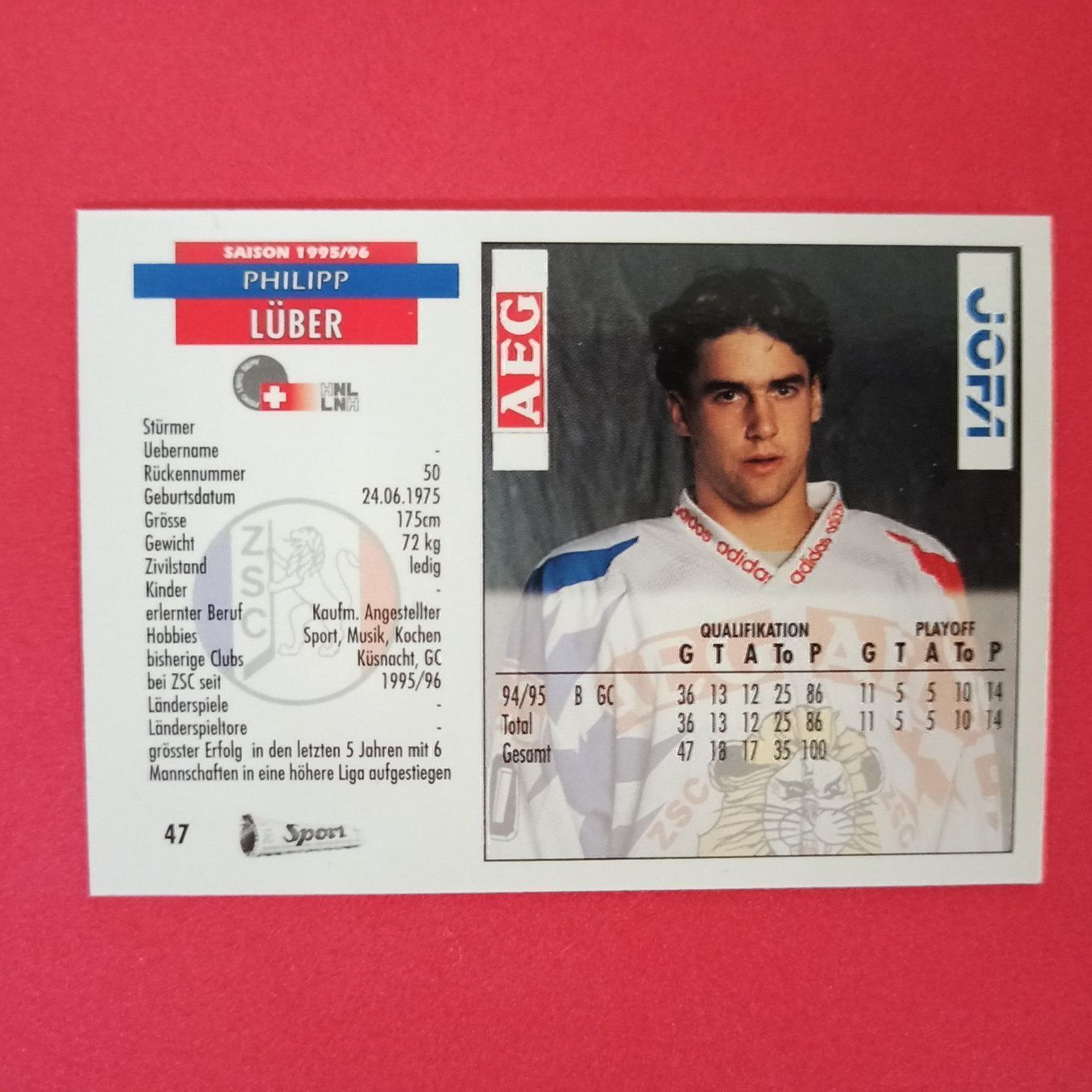 Carte collezionabili: Philipp Lüber - ZSC Card - 1995/96 – Usato da Dübendorf venduto da kb86_MOVIE 1