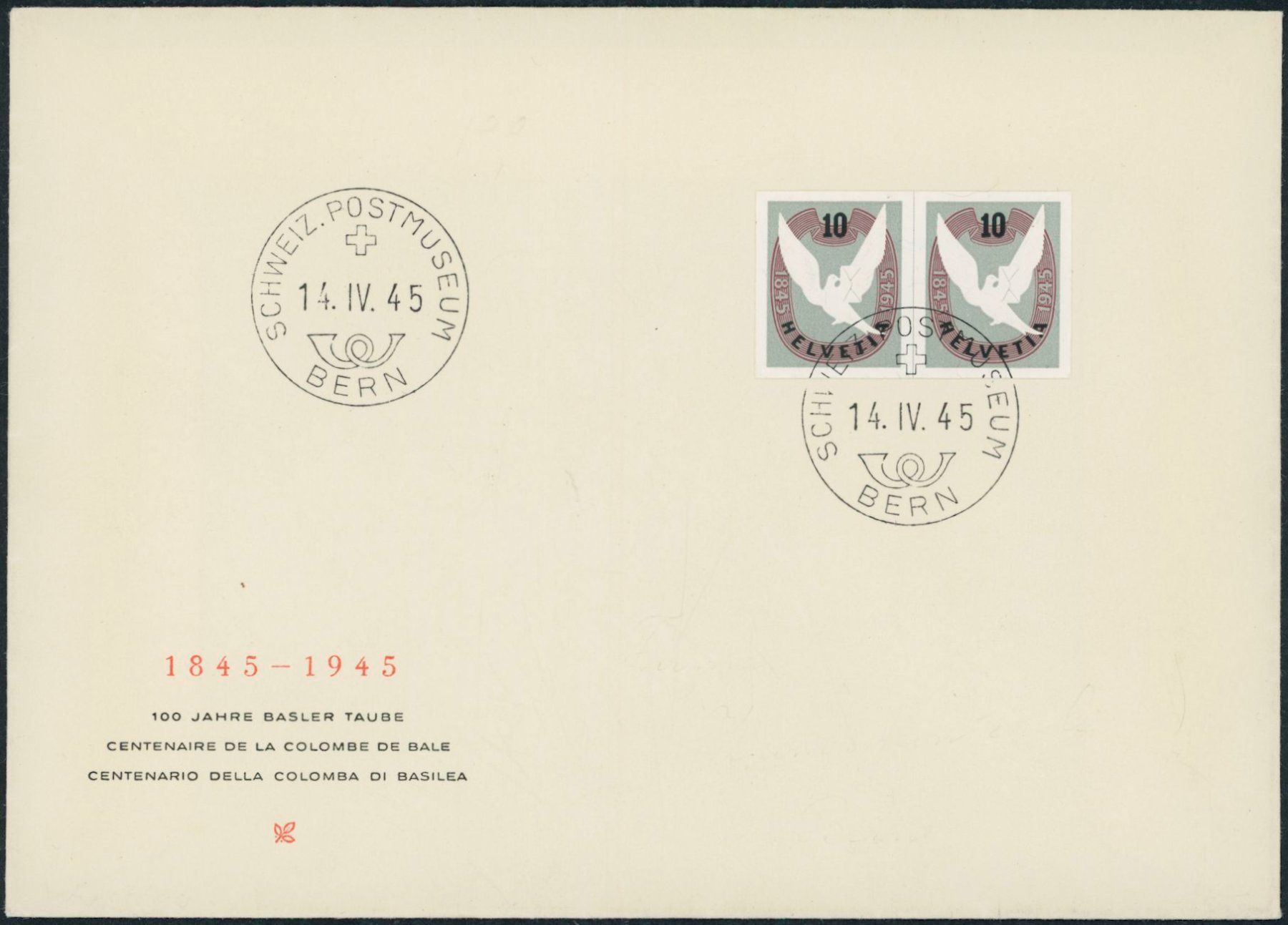 Tutti i francobolli: 1945 - Basler Taube - Blockausschnitte - FDC ET – Usato da Schindellegi venduto da leecollect