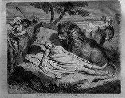Holzstich 1862 - Löwe und Esel am Leichnam des Propheten