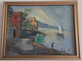 Mediterranes Ölgemälde – Küste mit Fischer (Signiert)