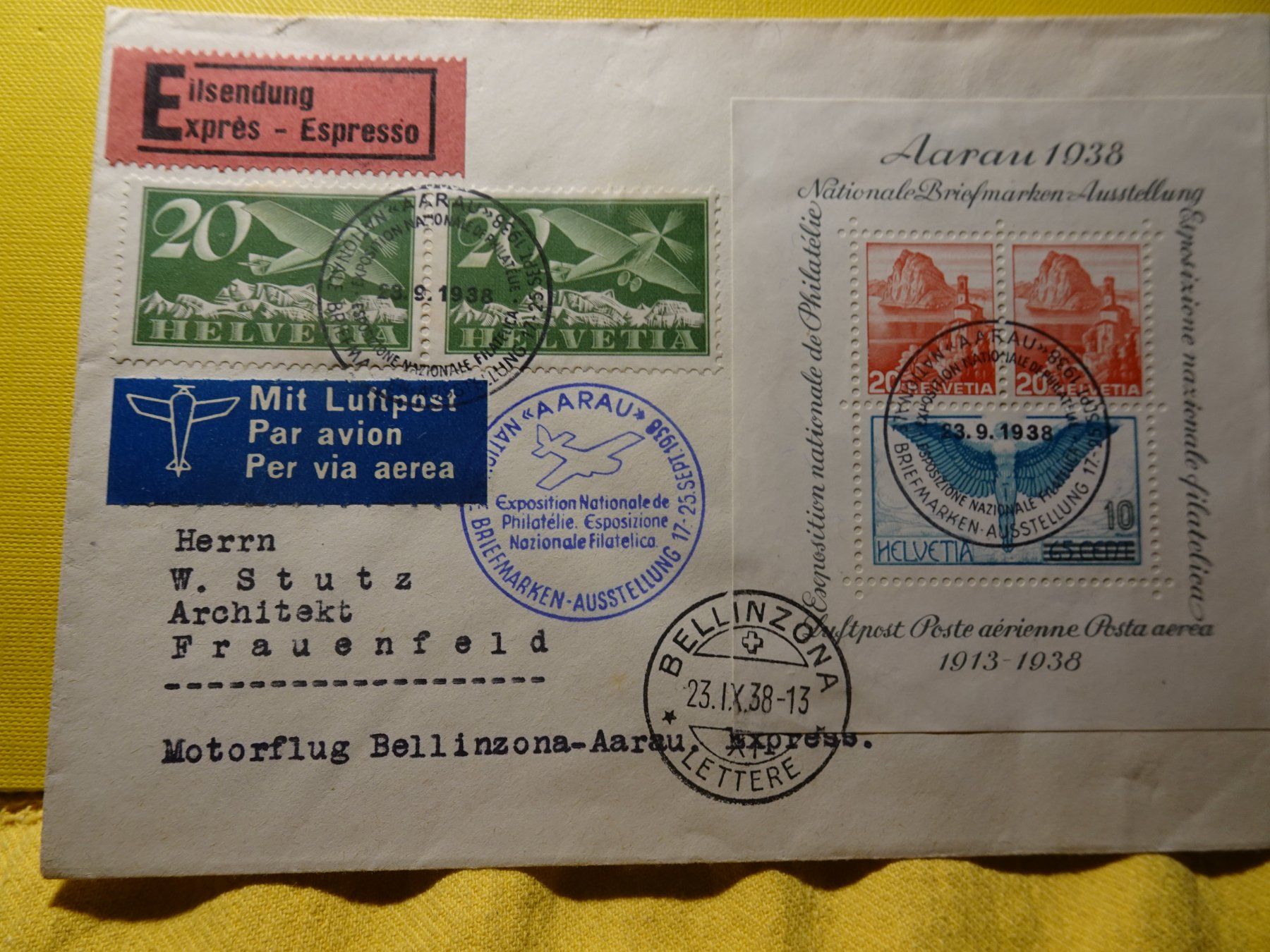 Alle Briefmarken: 23.9.38. AARAU BLOCK MIT FLUGPOST NACH BELLINZONA EILSENDUNG – Gebraucht aus Eschenbach SG von eDaisy
