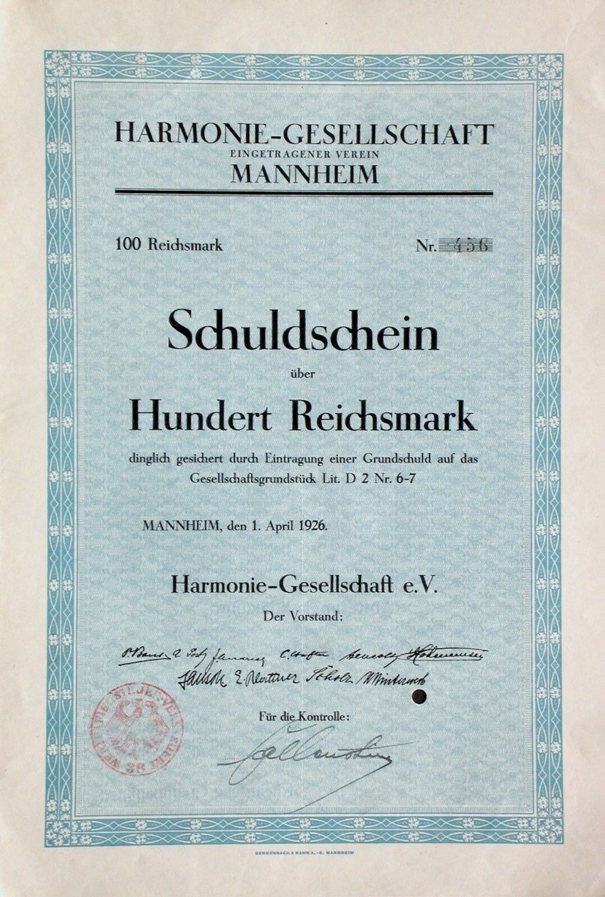 Documenti: Harmonie-Gesellschaft e.V Mannheim, Mannheim - 1926 – Usato da Solothurn venduto da Sgasche