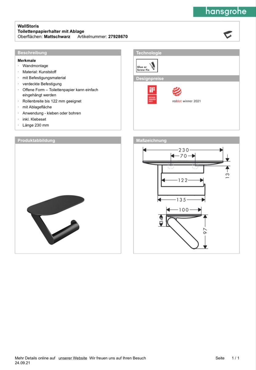 Hansgrohe WC: hansgrohe WallStoris Papierrollenhalter mit Ablage, schwarz  – Nuovo e nell'imballaggio originale da Biel/Bienne venduto da theracinghouse-53 5