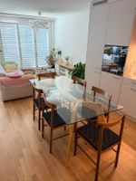 Dining Table Glass Top Wood Frame 4 Chairs Set