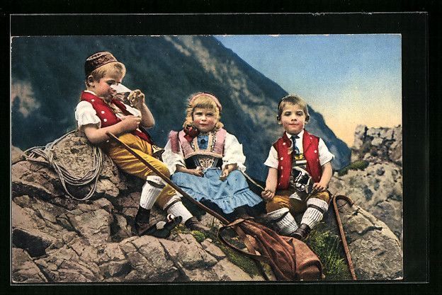 Cartoline postali: Kinder in Schweizertracht bei einer Rast – Usato da Berlin venduto da bartko-reher