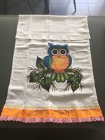 Süsses Eulen Küchentuch Handarbeit orange weiss rosa Fransen