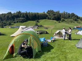 Campingzelt / Familienzelt mit Vorraum – grün-gelb