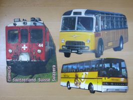3er Set Postkarten CH Verkehrsmittel: Zug, Postauto, Car