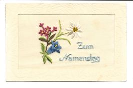 Seidenkarte - gestickt - Zum Namenstag - Enzian - Edelweiss
