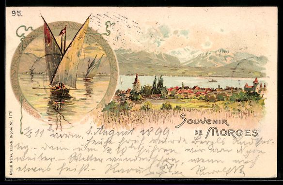 Cartoline postali: Litho Morges, Gesamtansicht mit Gewässe – Usato da Berlin venduto da bartko-reher